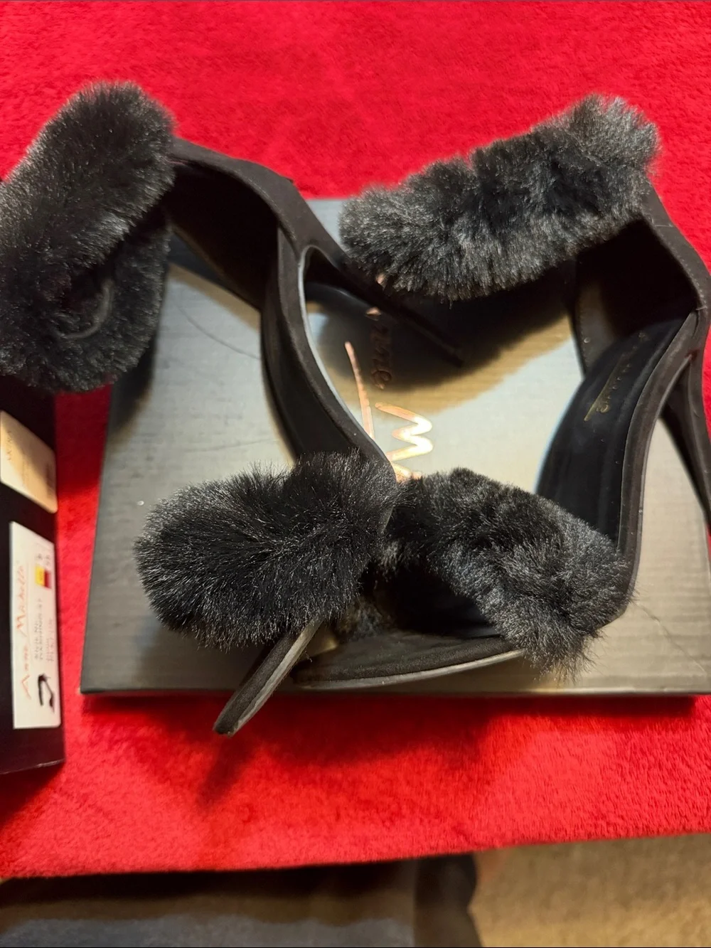 Black Faux Fur Ankle-Strap Stiletto Sandals